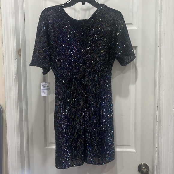 MORGAN & CO Juniors Black Sequined Elbow Sleeve Surplice Neckline Mini Dress - Picture 4 of 15